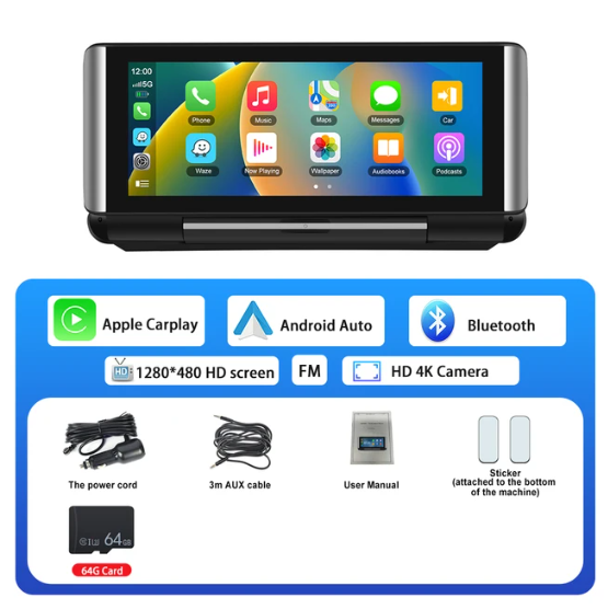 6.86 Inch 6.9" HD HD 1280x480 Touch Screen Universal Head Unit Stereo Mirror Camera for Car Mirror Video Rear-view Wireless iOS Carplay Front & Rear Camera Mirror DVR Black Box Colour Monitor 64G TF