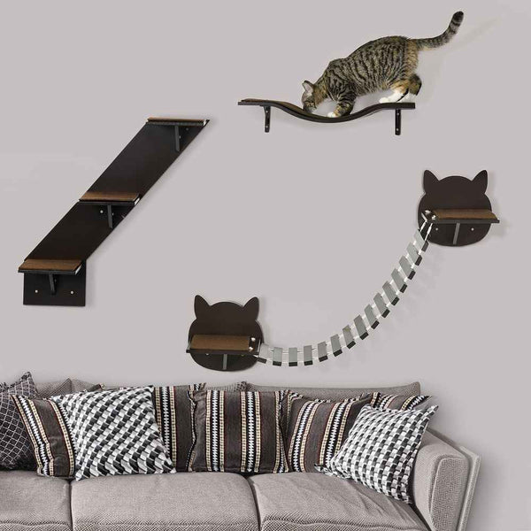 Three-Piece Wall-Mounted Cat Shelves w/ Jumping Platforms, Ladders - Brown