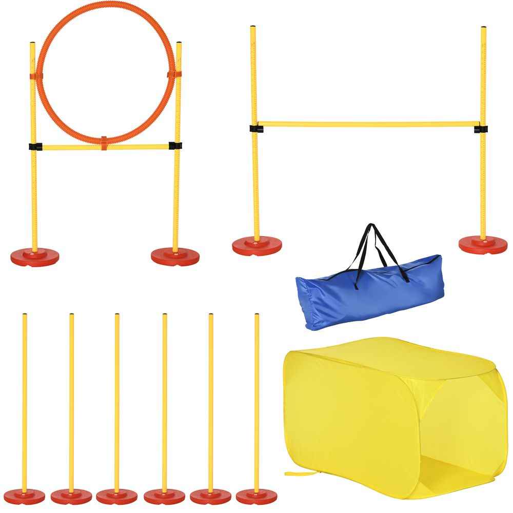 PawHut Portable Pet Agility Training Obstacle Set for Dogs w/Adjustable High Jumping Pole, Jumping Ring, Turnstile poles, Tunnel