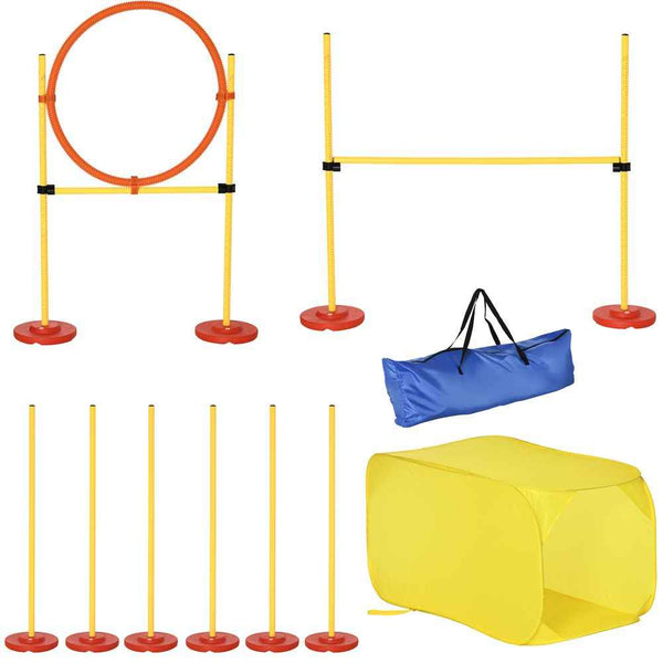 PawHut Portable Pet Agility Training Obstacle Set for Dogs w/Adjustable High Jumping Pole, Jumping Ring, Turnstile poles, Tunnel