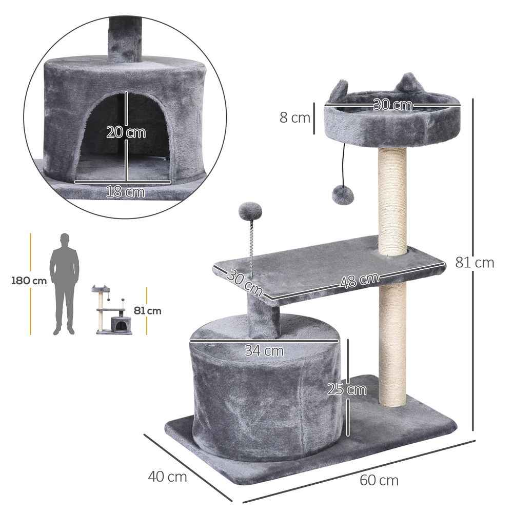 PawHut Mult-level Cat Tree Scratch Post Scratcher Climbing Tower Kitty Activity Center Condo Perch Jumping Platforms Grey 61L x 41W x 81H cm
