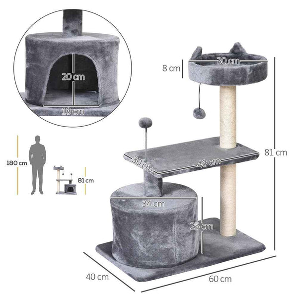 PawHut Mult-level Cat Tree Scratch Post Scratcher Climbing Tower Kitty Activity Center Condo Perch Jumping Platforms Grey 61L x 41W x 81H cm