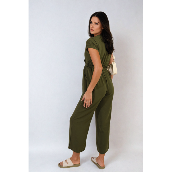 Belted V Neck Jumpsuit with Side Pockets
