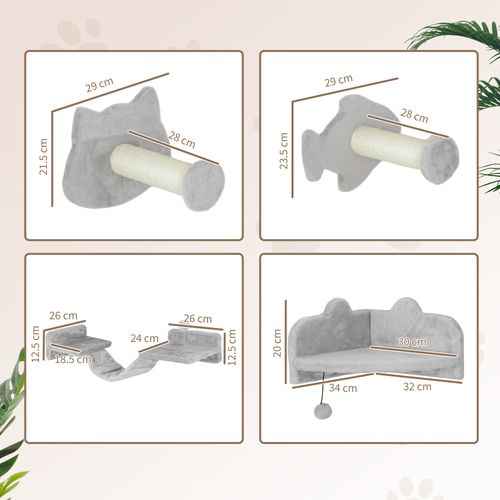 PawHut 4PCs Cat Wall Shelves with Steps, Ladder, Jumping Platforms