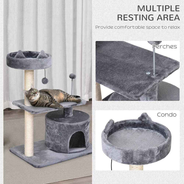 PawHut Mult-level Cat Tree Scratch Post Scratcher Climbing Tower Kitty Activity Center Condo Perch Jumping Platforms Grey 61L x 41W x 81H cm