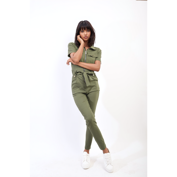 Adeline Collared V-Neck Zip Jumpsuit with Tie Belt: Stylish, Versatile, and Comfortable