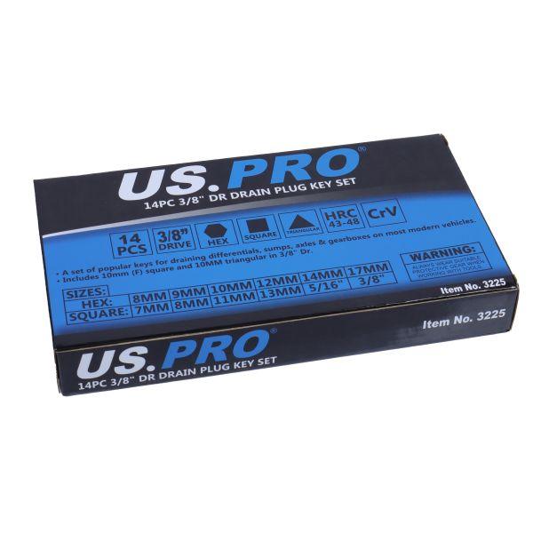 US PRO Tools 3/8" dr 14pc Drain Sump Plug Key Set, Engine Gearbox Diff 3225