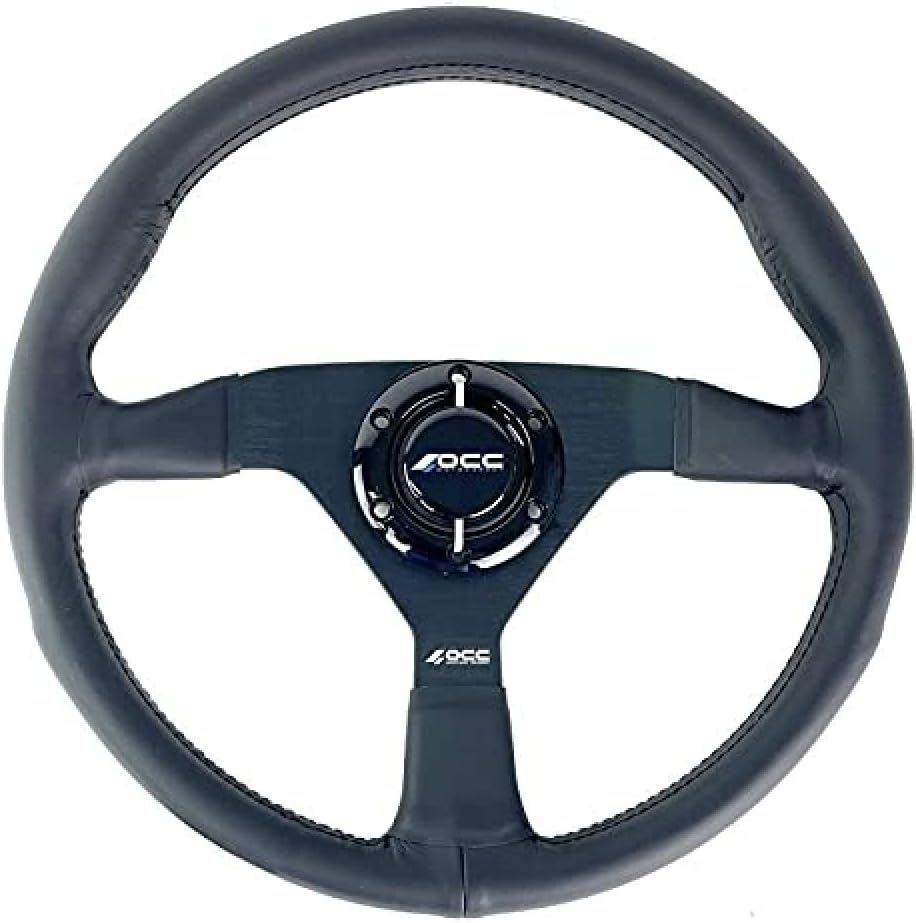 OCC MOTORSPORT FLAT BOTTOM STEERING WHEEL CLASSIC MODEL NAPPA LEATHER BLACK ARMS - CAR FLAT DISH STEERING WHEEL - 350MM (14 INCH)