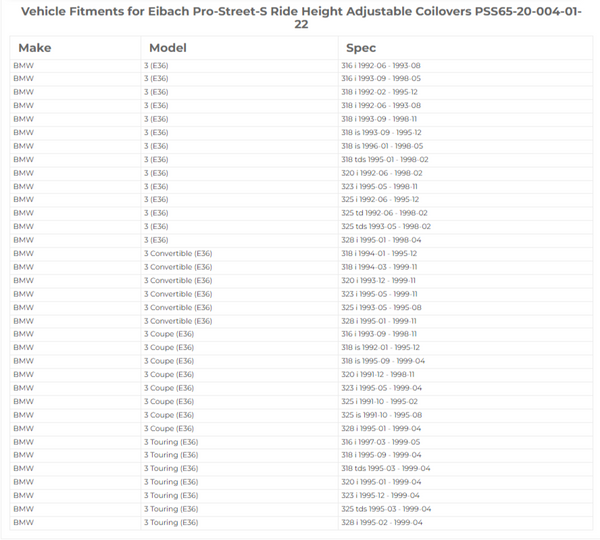 EIBACH PRO-STREET-S Coilovers Lowering BMW 3 SERIES E36 92-98 Sal Coupe Touring