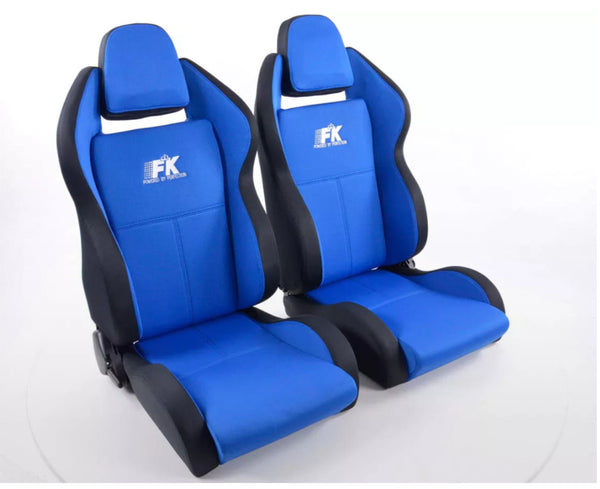 FK Pair Universal Reclining Bucket Sports Seats - Race Black & BLUE Edition