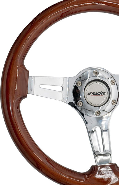 Simoni Racing 350mm Wooden Real Wood Brown Steering WHEEL Chrome Classic Kit Car Universal
