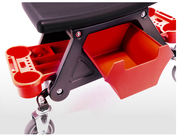 FK Workshop Stool Wheels Garage Uphol Seat Working Chair Storage Tray Adj Height