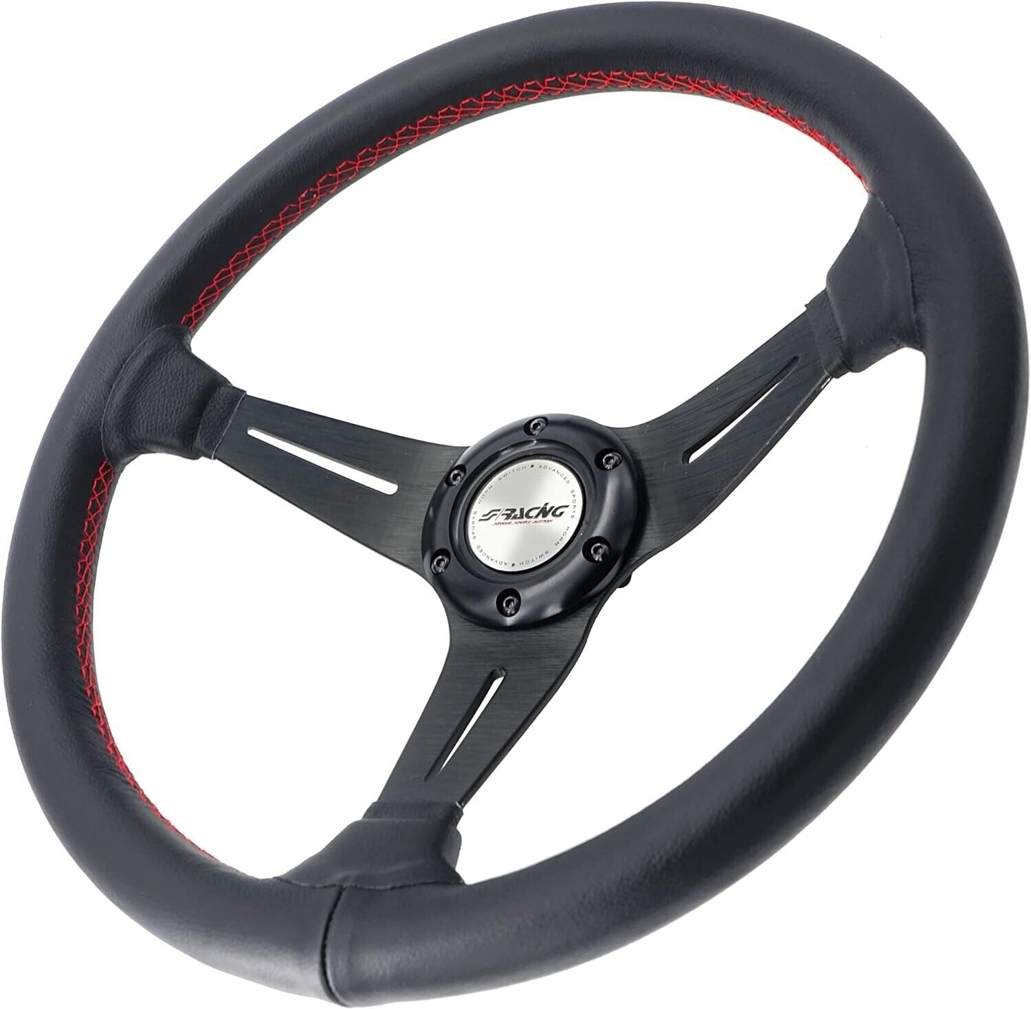 Simoni Racing Universal 350mm Leather Steering WHEEL 3 Spoke Black Red Car Sim
