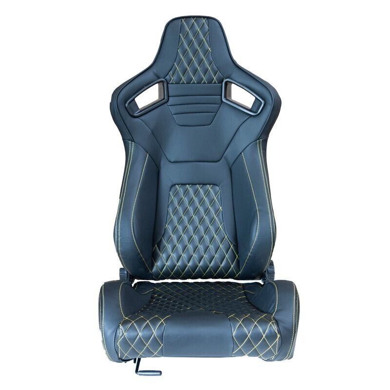 Auto-Style AK x1 Univ Reclining Sports Bucket Seat Black & Yellow Diamond Stitch Quilted Carbon Fibre Style + slide runners