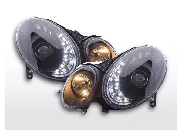 FK Set LED DRL HEADLIGHTS Mercedes E-Class 211 W211 02-06 black AMG LHD - LJ Automotive