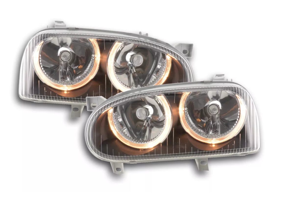 FK Set LED DRL Projector Angel Eye Headlights VW Golf 3 MK3 1HXO 1 EXO 91-97 LHD
