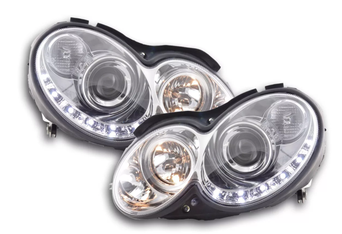 FK Pair LED DRL Angel Eye Projector Headlights Mercedes CLK W209 04-09 chrome LHD