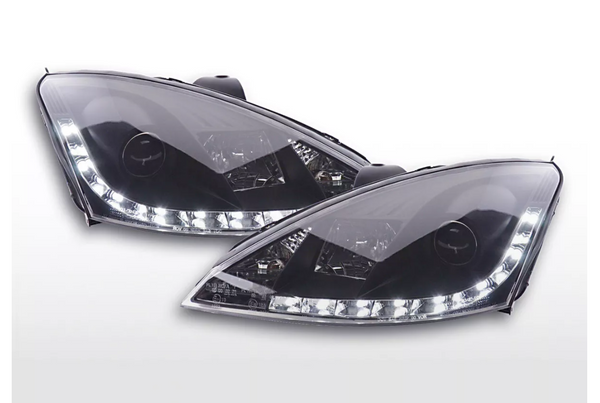 FK LED DRL Halo Projektorscheinwerfer Ford Focus 1 MK1 C170 98-01 schwarz LHD