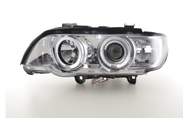 FK Paar LED DRL Projektor Halo Angel Eye Scheinwerfer BMW X5 E53 98–02 Chrom LHD