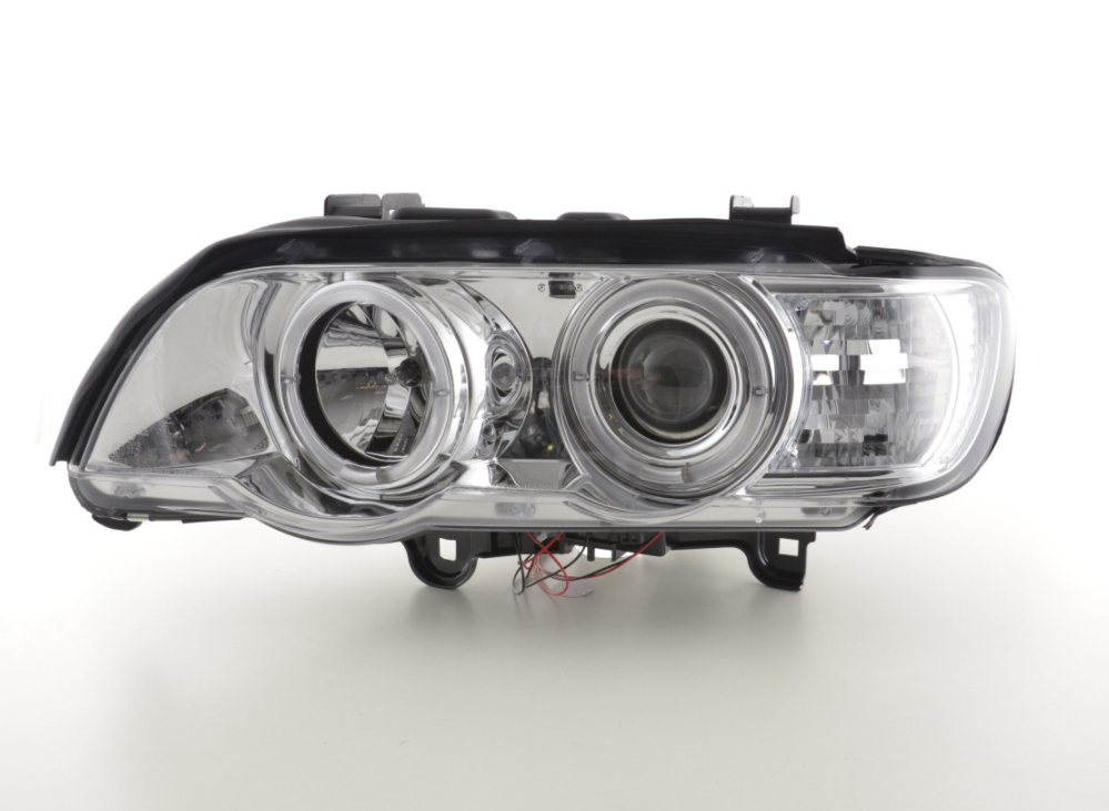 FK Paar LED DRL Projektor Halo Angel Eye Scheinwerfer BMW X5 E53 98–02 Chrom LHD