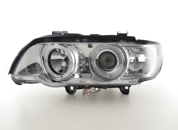 FK Paar LED DRL Projektor Halo Angel Eye Scheinwerfer BMW X5 E53 98–02 Chrom LHD