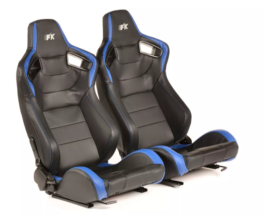 FK Pair Universal Bucket Sports Seats Black on Blue Synthetic Leather Carbon Lux