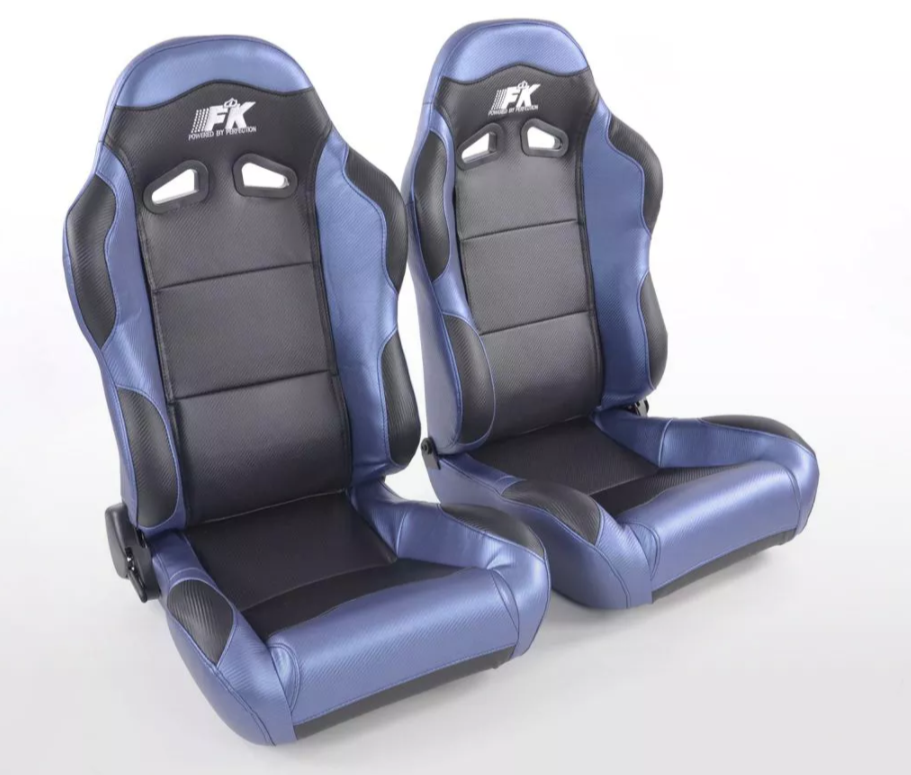 FK Universal Full Bucket Seats & slide runners Black & Blue Carbon Lux Sports