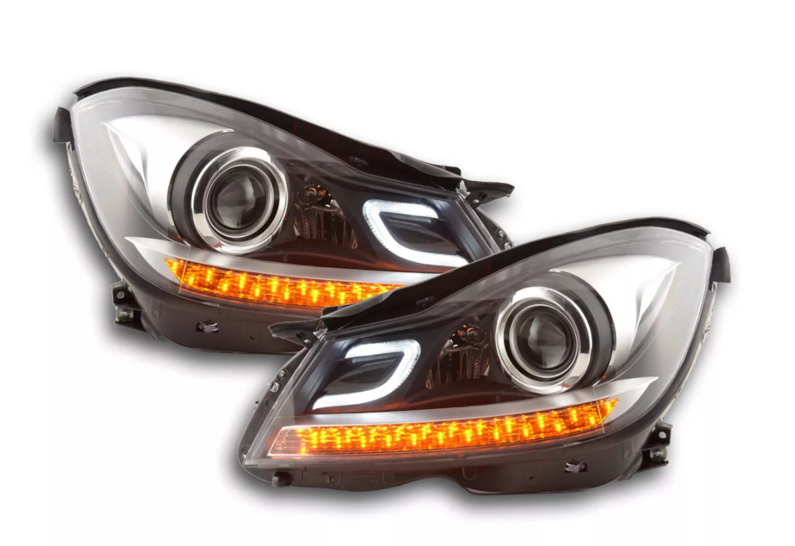 FK Set LED DRL Headlights Halo Mercedes C-Class 204 W204 11-14 black AMG LHD C63 - LJ Automotive