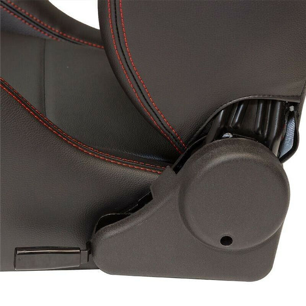 AUTOSTYLE x2 Universal Pair Sports Bucket Seats Black Syn Lth Red Stitch runners - LJ Automotive
