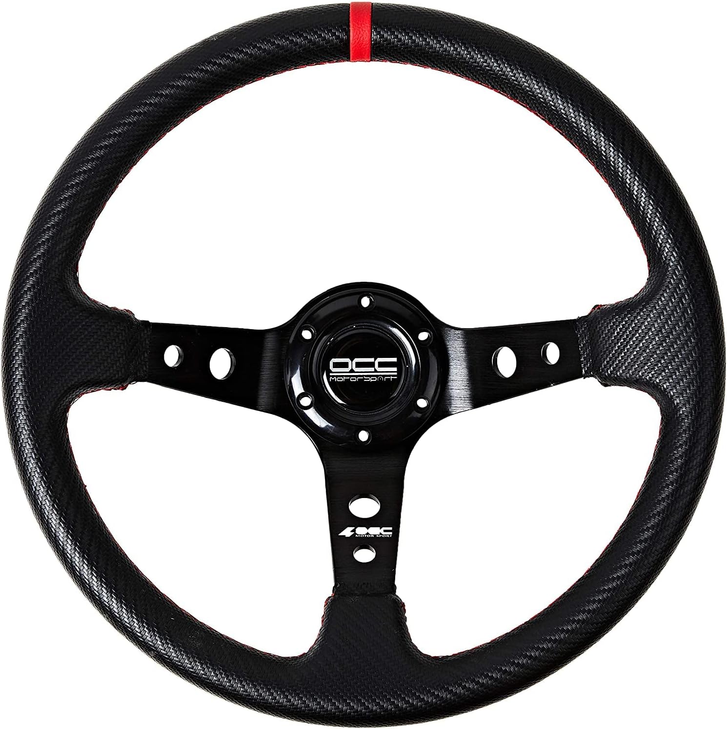 OCC MOTORSPORT UNIVERSAL CAR Go Kart OFFSET STEERING WHEEL TRACK MODEL VINYL CARBON LOOK BLACK RED ARMS - 90 MM FULL DISH WHEEL - 350MM (14 INCH)