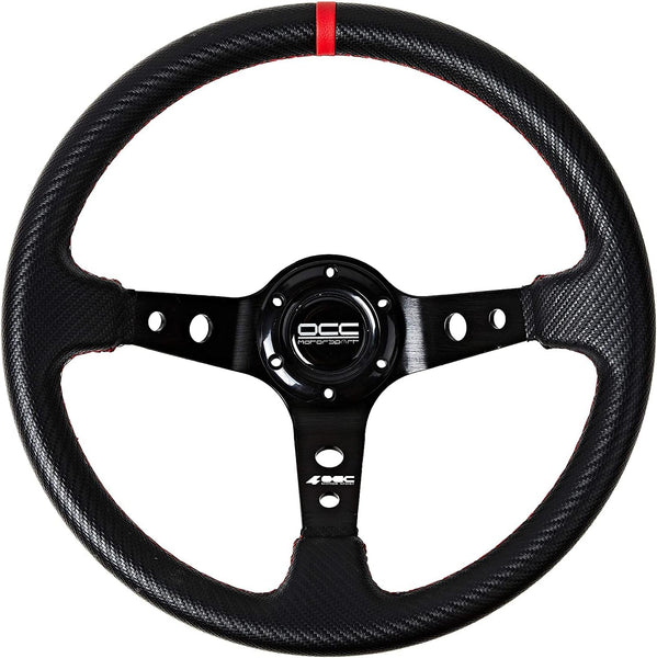 OCC MOTORSPORT UNIVERSAL CAR Go Kart OFFSET STEERING WHEEL TRACK MODEL VINYL CARBON LOOK BLACK RED ARMS - 90 MM FULL DISH WHEEL - 350MM (14 INCH)