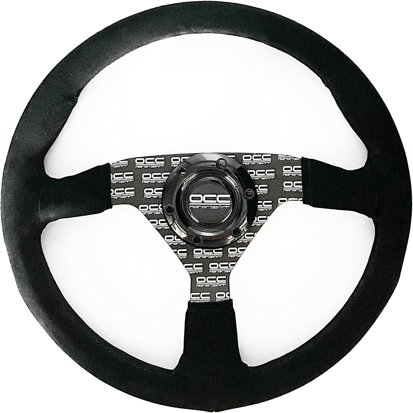 OCC MOTORSPORT FLAT BOTTOM STEERING WHEEL CLASSIC MODEL ALCANTARA SILK-SCREEN PRINTED BLACK ARMS - CAR FLAT DISH STEERING WHEEL - 350MM (14 INCH)