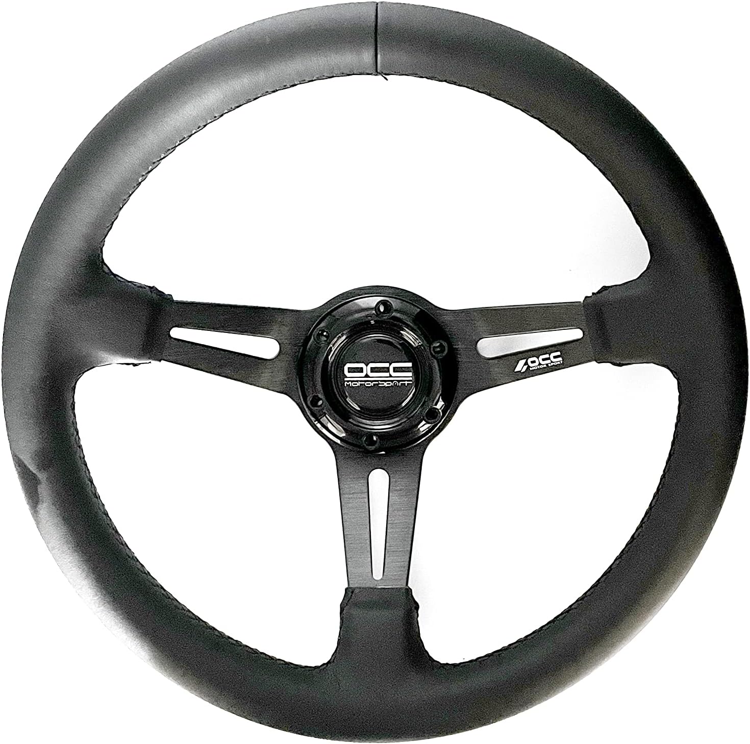 OCC MOTORSPORT SEMI-DISPLACED STEERING WHEEL CLASSIC MODEL NAPPA LEATHER BLACK ARMS - 75 MM SEMI DISH WHEEL - 350MM (14 INCH)
