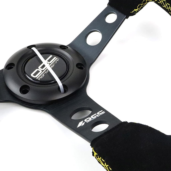 OCC MOTORSPORT OFFSET STEERING WHEEL TRACK MODEL ALCANTARA BLACK ARMS - 90 MM FULL DISH WHEEL - 350MM (14 INCH)