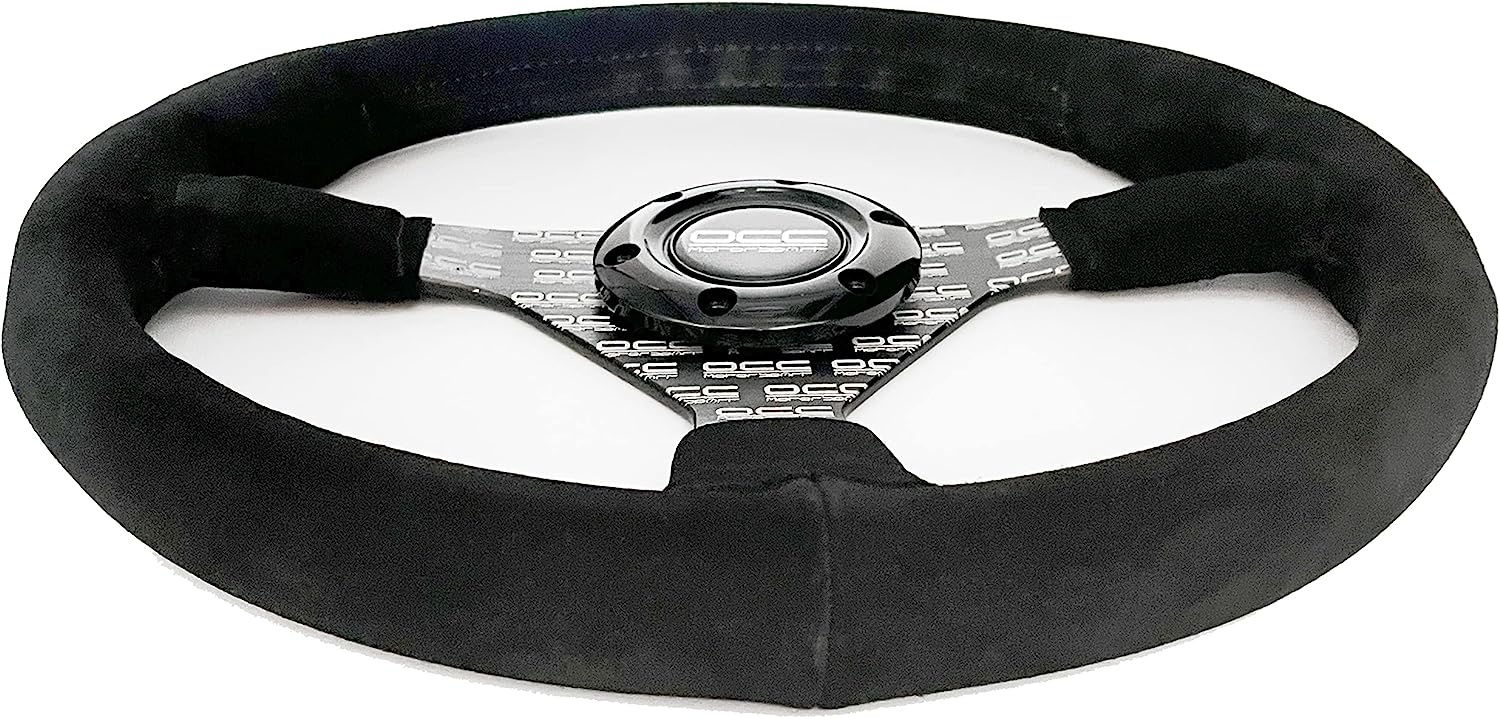 OCC MOTORSPORT FLAT BOTTOM STEERING WHEEL CLASSIC MODEL ALCANTARA SILK-SCREEN PRINTED BLACK ARMS - CAR FLAT DISH STEERING WHEEL - 350MM (14 INCH)