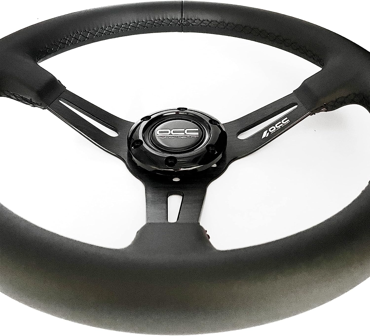 OCC MOTORSPORT SEMI-DISPLACED STEERING WHEEL CLASSIC MODEL NAPPA LEATHER BLACK ARMS - 75 MM SEMI DISH WHEEL - 350MM (14 INCH)