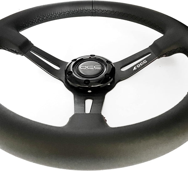OCC MOTORSPORT SEMI-DISPLACED STEERING WHEEL CLASSIC MODEL NAPPA LEATHER BLACK ARMS - 75 MM SEMI DISH WHEEL - 350MM (14 INCH)