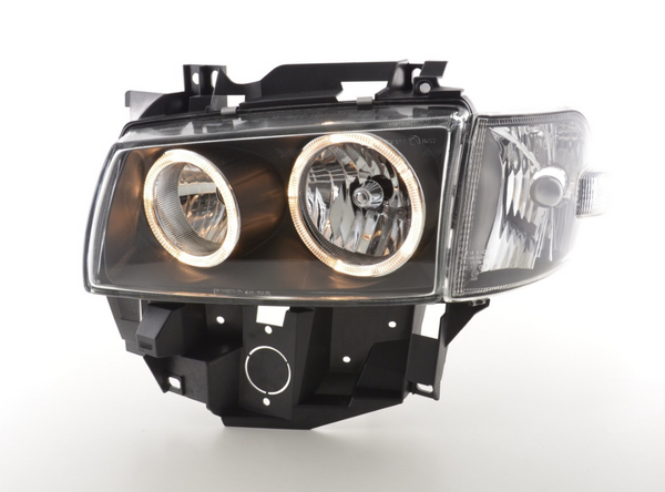 FK Pair LED Angel Eye Black Headlights VW Van Camper Transporter T4 LHD 97-02 - LJ Automotive