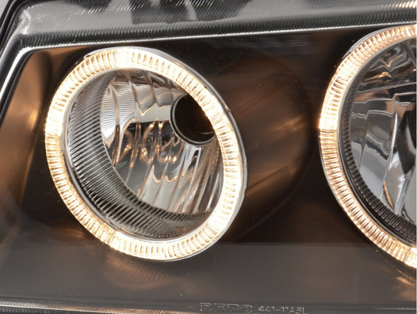 FK Pair LED Angel Eye Black Headlights VW Van Camper Transporter T4 LHD 97-02 - LJ Automotive