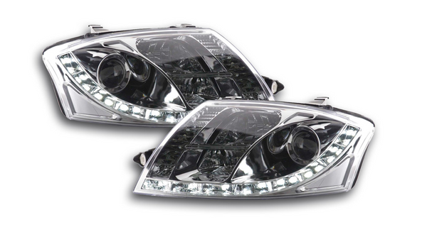 FK AUDI TT 99-06 8N LHD DARK Black CHROME LED DRL DEVIL EYE R8 STYLE HEADLIGHTS - LJ Automotive